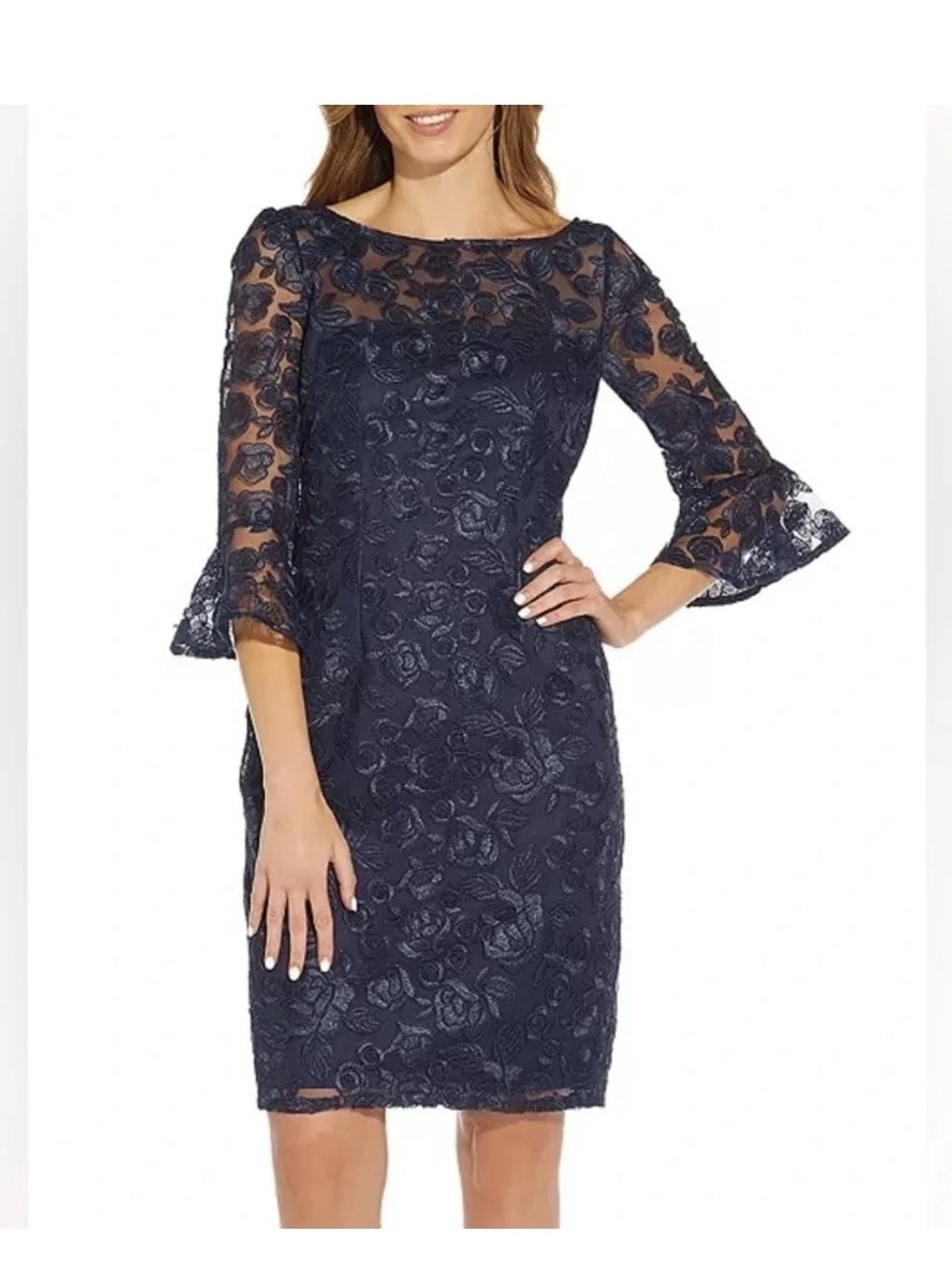 Adrianna Papell Navy Floral Lace Sheath Dress